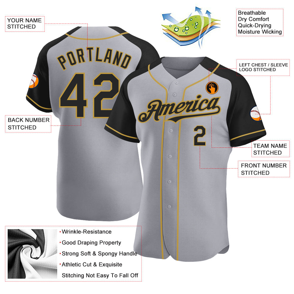 Custom Gray Black-Old Gold Authentic Raglan Sleeves Baseball Jersey - Sky-Custom