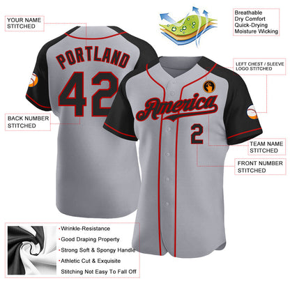 Custom Gray Black-Red Authentic Raglan Sleeves Baseball Jersey - Sky-Custom