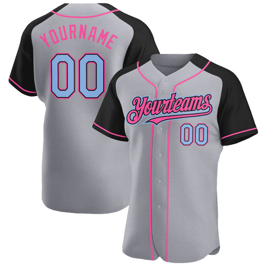 Custom Gray Light Blue Black-Pink Authentic Raglan Sleeves Baseball Jersey - Sky-Custom