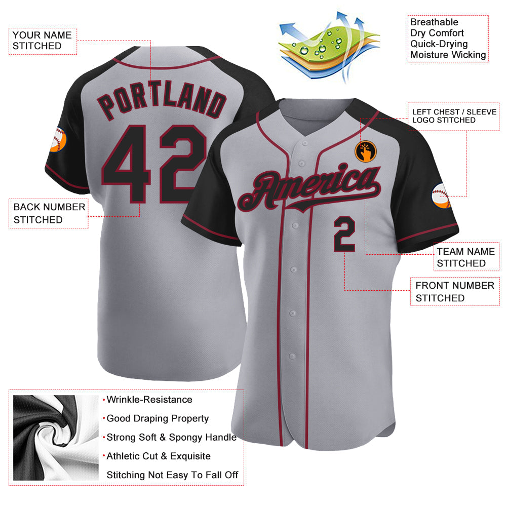 Custom Gray Black-Crimson Authentic Raglan Sleeves Baseball Jersey - Sky-Custom