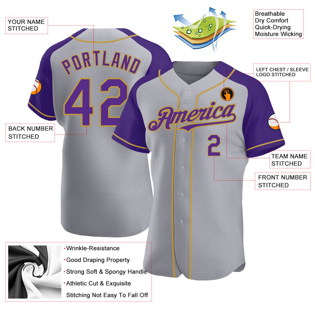 Custom Gray Purple-Old Gold Authentic Raglan Sleeves Baseball Jersey - Sky-Custom