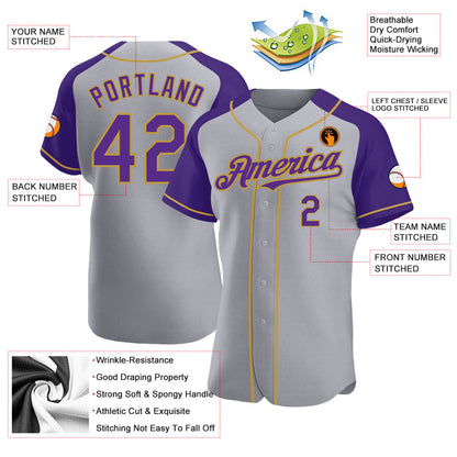 Custom Gray Purple-Old Gold Authentic Raglan Sleeves Baseball Jersey - Sky-Custom