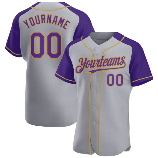 Custom Gray Purple-Old Gold Authentic Raglan Sleeves Baseball Jersey - Sky-Custom