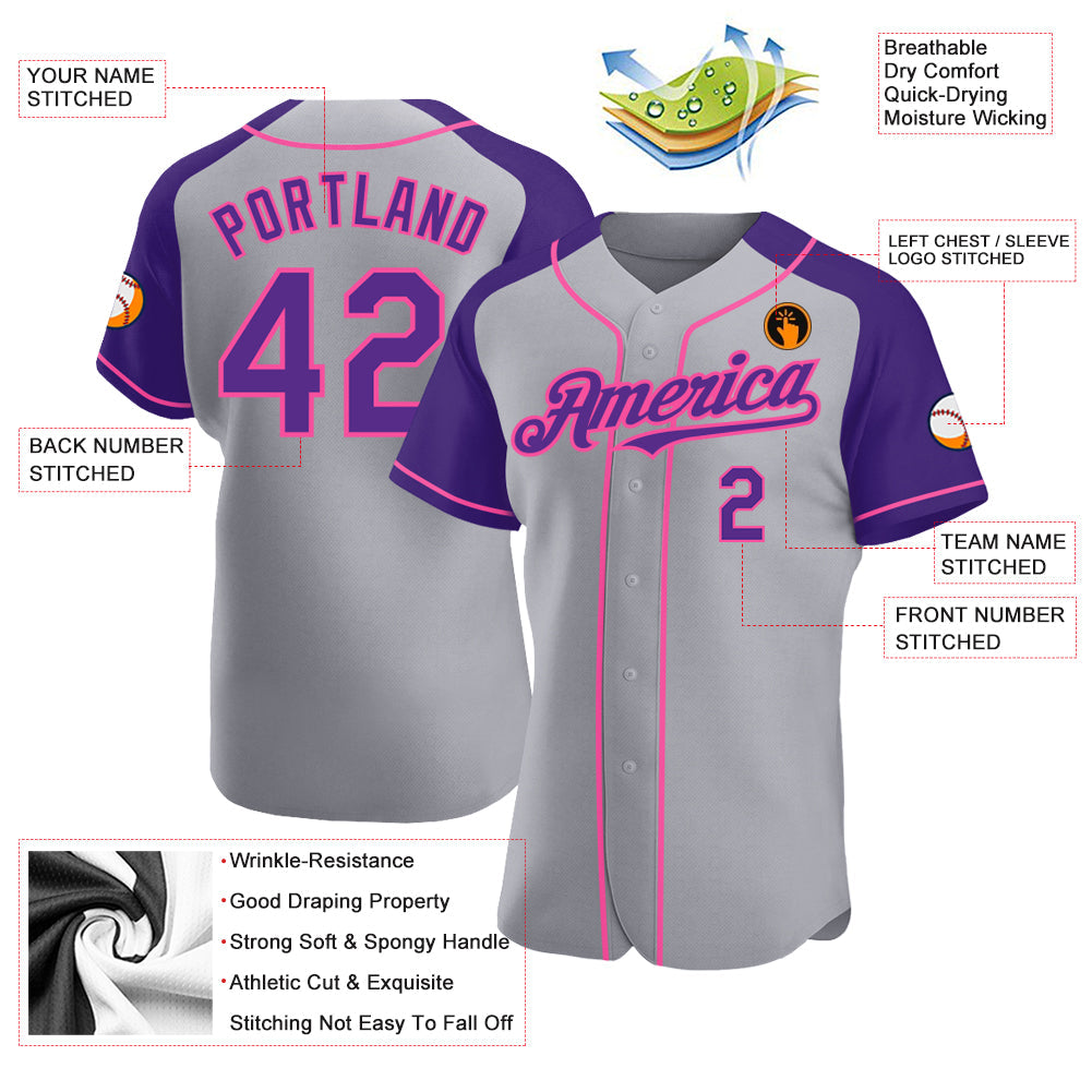 Custom Gray Purple-Pink Authentic Raglan Sleeves Baseball Jersey - Sky-Custom