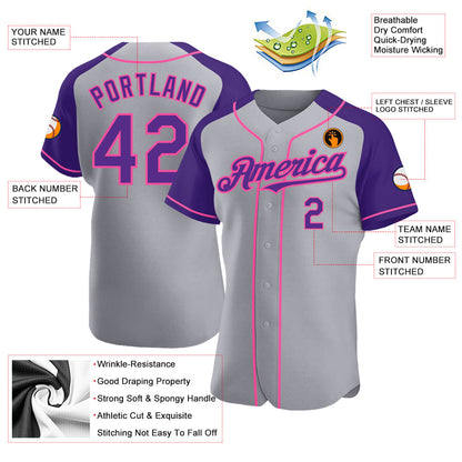 Custom Gray Purple-Pink Authentic Raglan Sleeves Baseball Jersey - Sky-Custom