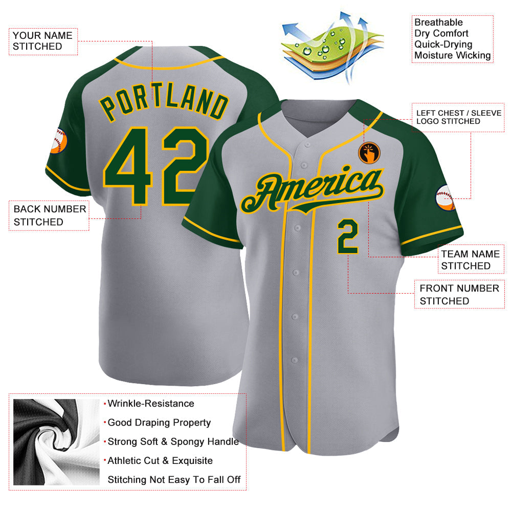 Custom Gray Green-Gold Authentic Raglan Sleeves Baseball Jersey - Sky-Custom