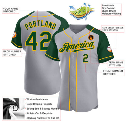 Custom Gray Green-Gold Authentic Raglan Sleeves Baseball Jersey - Sky-Custom