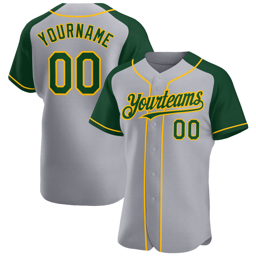 Custom Gray Green-Gold Authentic Raglan Sleeves Baseball Jersey - Sky-Custom