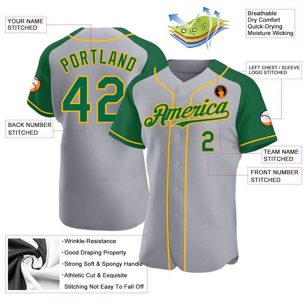 Custom Gray Kelly Green-Gold Authentic Raglan Sleeves Baseball Jersey - Sky-Custom