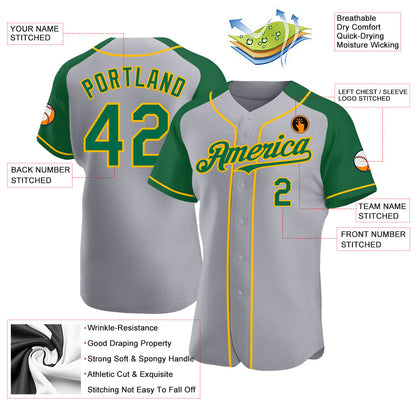 Custom Gray Kelly Green-Gold Authentic Raglan Sleeves Baseball Jersey - Sky-Custom