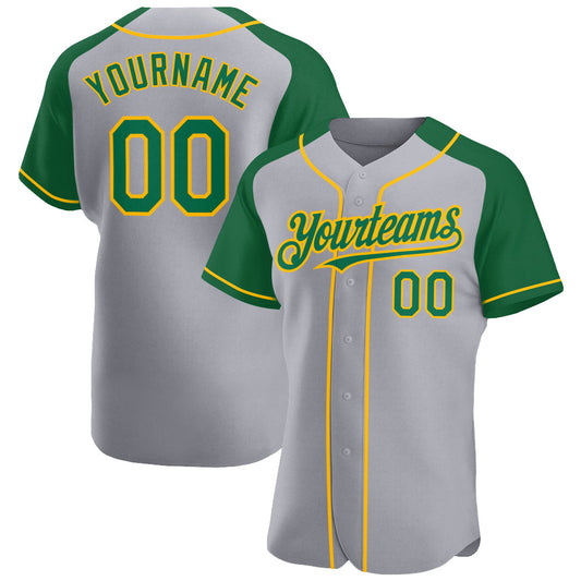 Custom Gray Kelly Green-Gold Authentic Raglan Sleeves Baseball Jersey - Sky-Custom