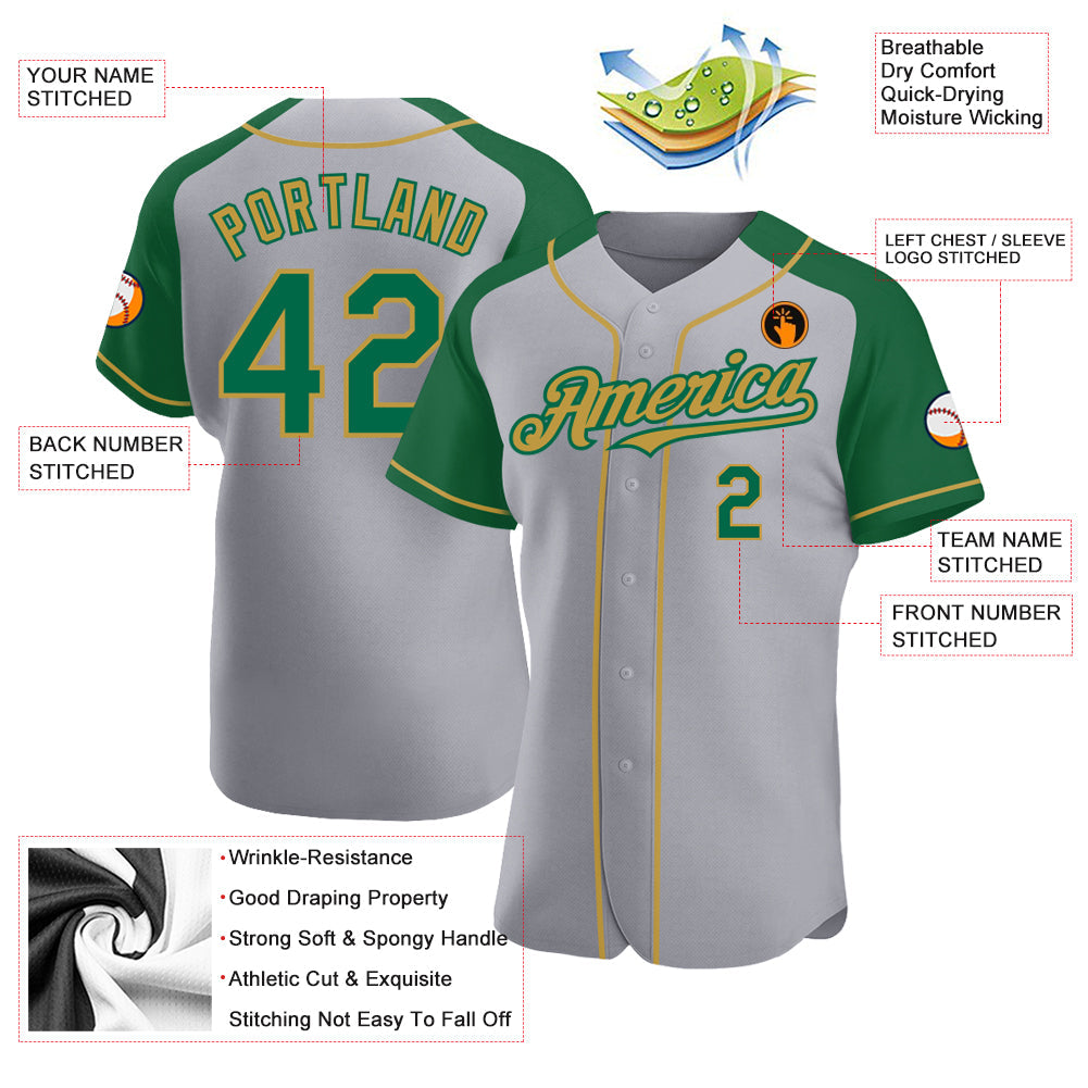Custom Gray Kelly Green-Old Gold Authentic Raglan Sleeves Baseball Jersey - Sky-Custom
