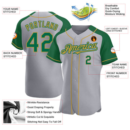 Custom Gray Kelly Green-Old Gold Authentic Raglan Sleeves Baseball Jersey - Sky-Custom