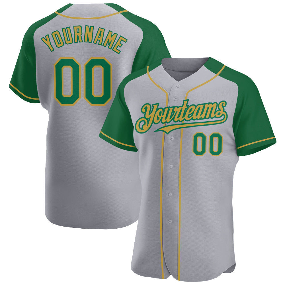 Custom Gray Kelly Green-Old Gold Authentic Raglan Sleeves Baseball Jersey - Sky-Custom