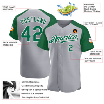 Custom Gray Kelly Green-White Authentic Raglan Sleeves Baseball Jersey - Sky-Custom