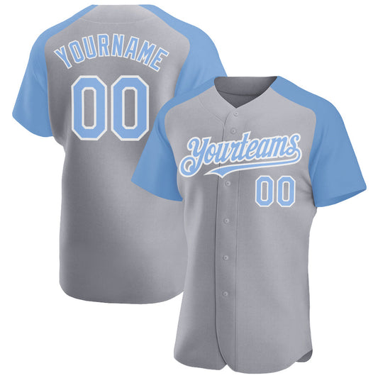 Custom Gray Light Blue-White Authentic Raglan Sleeves Baseball Jersey - Sky-Custom