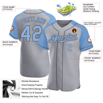 Custom Gray Light Blue-Steel Gray Authentic Raglan Sleeves Baseball Jersey - Sky-Custom