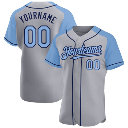 Custom Gray Light Blue-Navy Authentic Raglan Sleeves Baseball Jersey - Sky-Custom