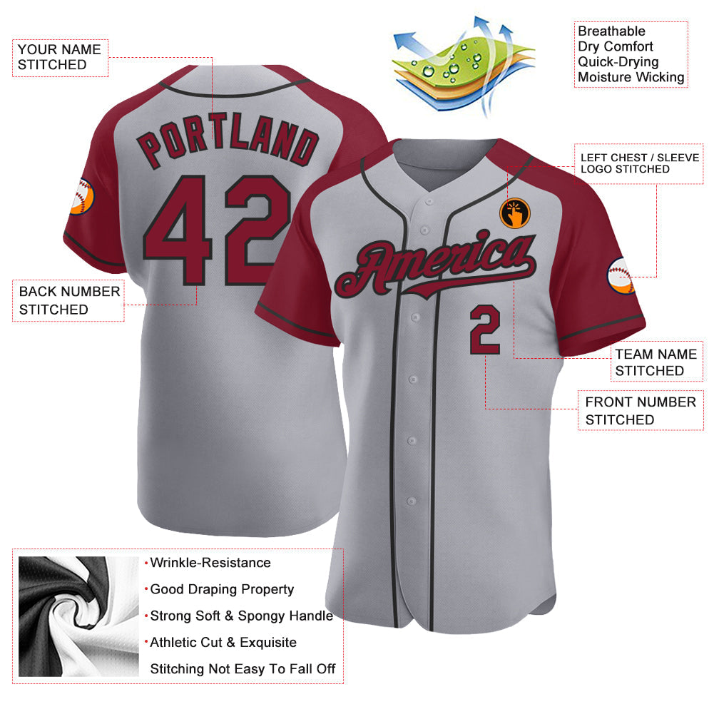 Custom Gray Crimson-Black Authentic Raglan Sleeves Baseball Jersey - Sky-Custom