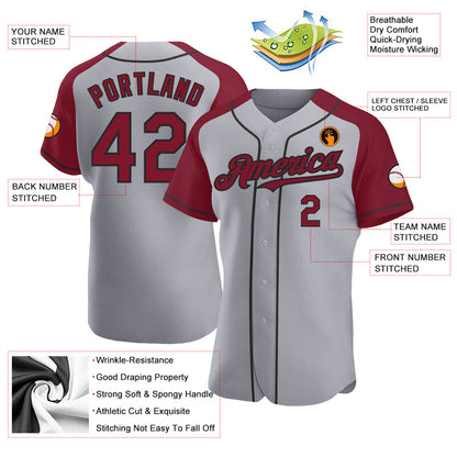 Custom Gray Crimson-Black Authentic Raglan Sleeves Baseball Jersey - Sky-Custom