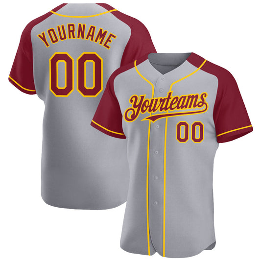 Custom Gray Crimson-Yellow Authentic Raglan Sleeves Baseball Jersey - Sky-Custom