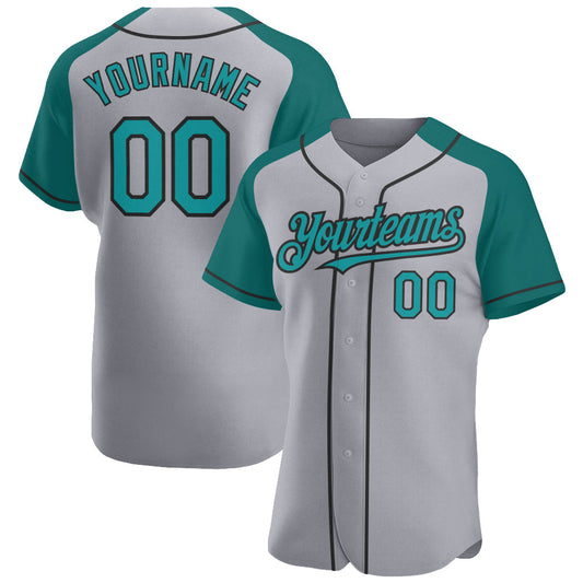 Custom Gray Teal-Black Authentic Raglan Sleeves Baseball Jersey - Sky-Custom