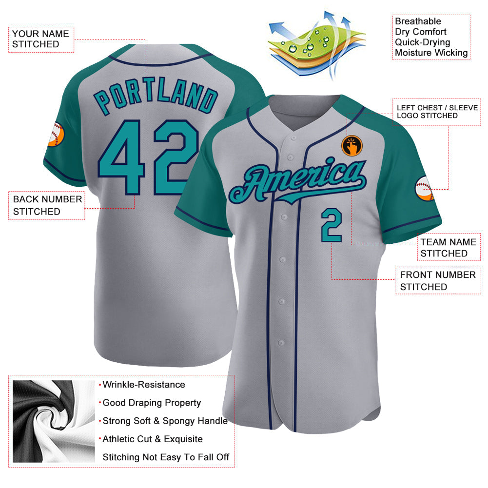 Custom Gray Teal-Navy Authentic Raglan Sleeves Baseball Jersey - Sky-Custom