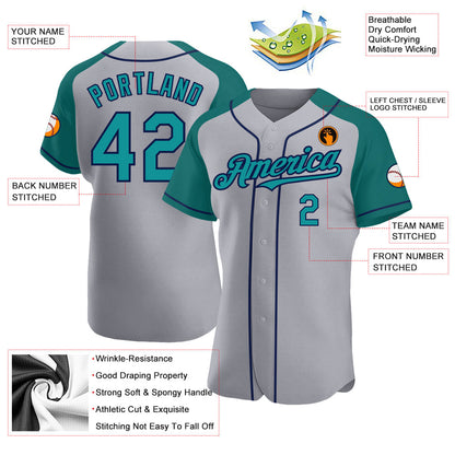 Custom Gray Teal-Navy Authentic Raglan Sleeves Baseball Jersey - Sky-Custom