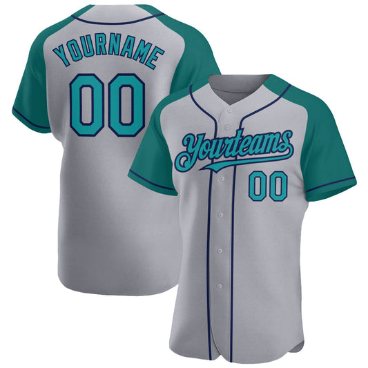 Custom Gray Teal-Navy Authentic Raglan Sleeves Baseball Jersey - Sky-Custom