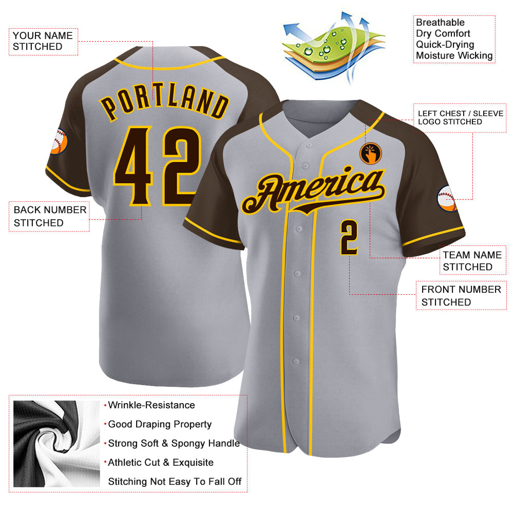 Custom Gray Brown-Yellow Authentic Raglan Sleeves Baseball Jersey - Sky-Custom