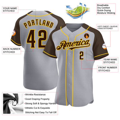 Custom Gray Brown-Yellow Authentic Raglan Sleeves Baseball Jersey - Sky-Custom