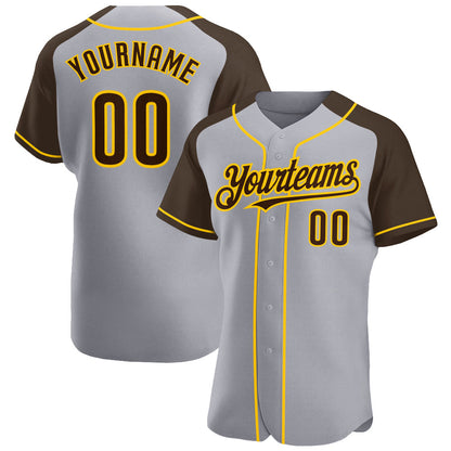 Custom Gray Brown-Yellow Authentic Raglan Sleeves Baseball Jersey - Sky-Custom