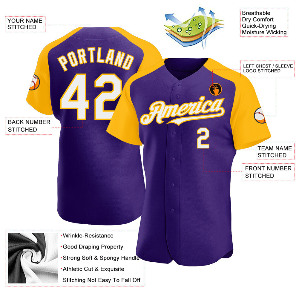 Custom Purple White-Gold Authentic Raglan Sleeves Baseball Jersey - Sky-Custom