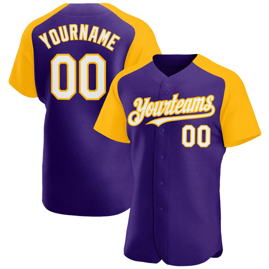 Custom Purple White-Gold Authentic Raglan Sleeves Baseball Jersey - Sky-Custom