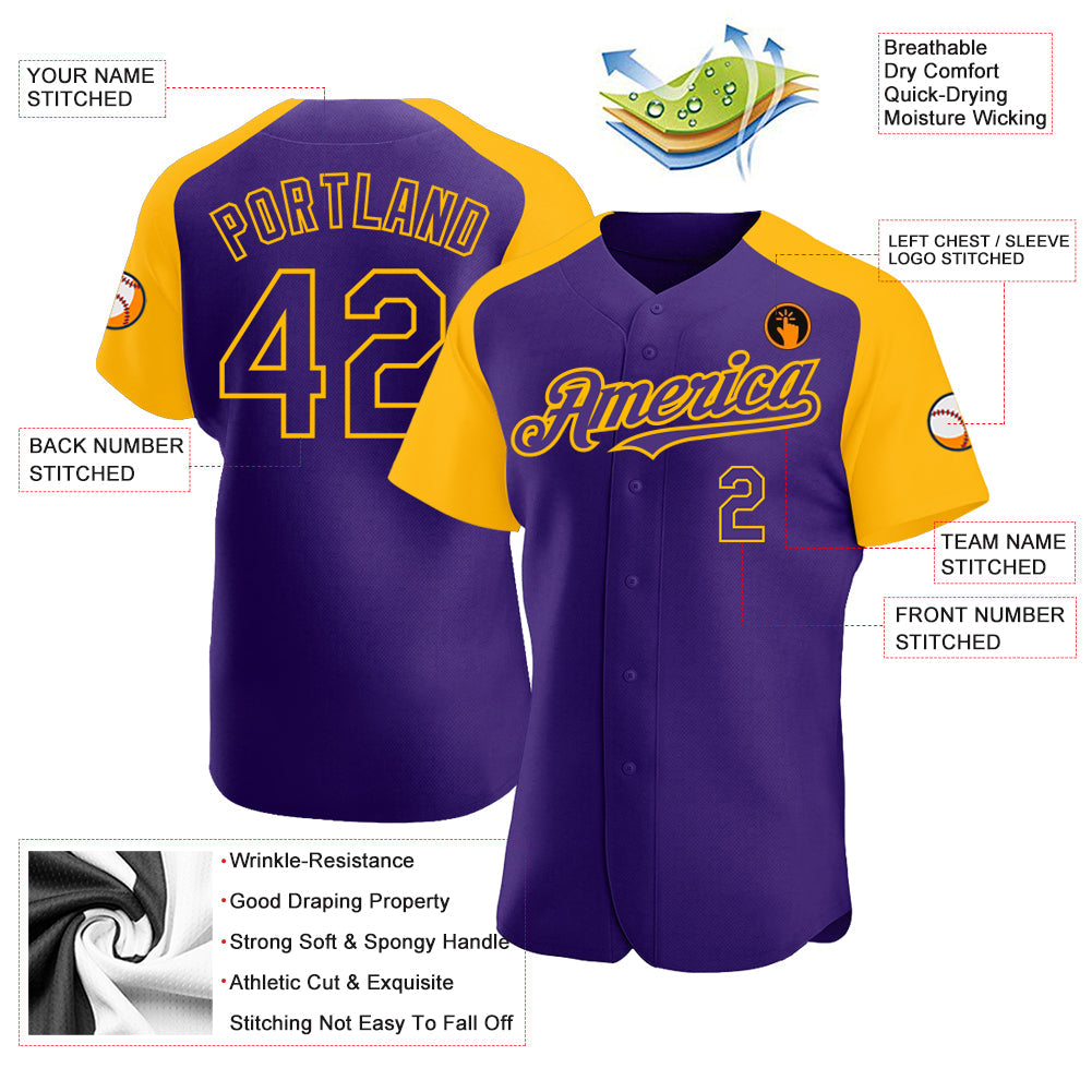 Custom Purple Gold Authentic Raglan Sleeves Baseball Jersey - Sky-Custom