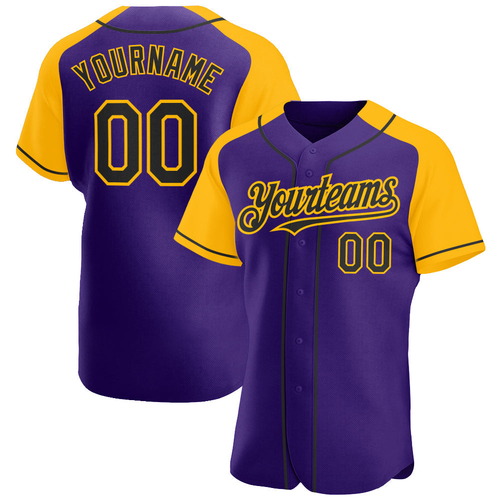 Custom Purple Black-Gold Authentic Raglan Sleeves Baseball Jersey - Sky-Custom