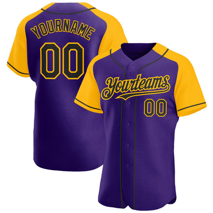 Custom Purple Black-Gold Authentic Raglan Sleeves Baseball Jersey - Sky-Custom