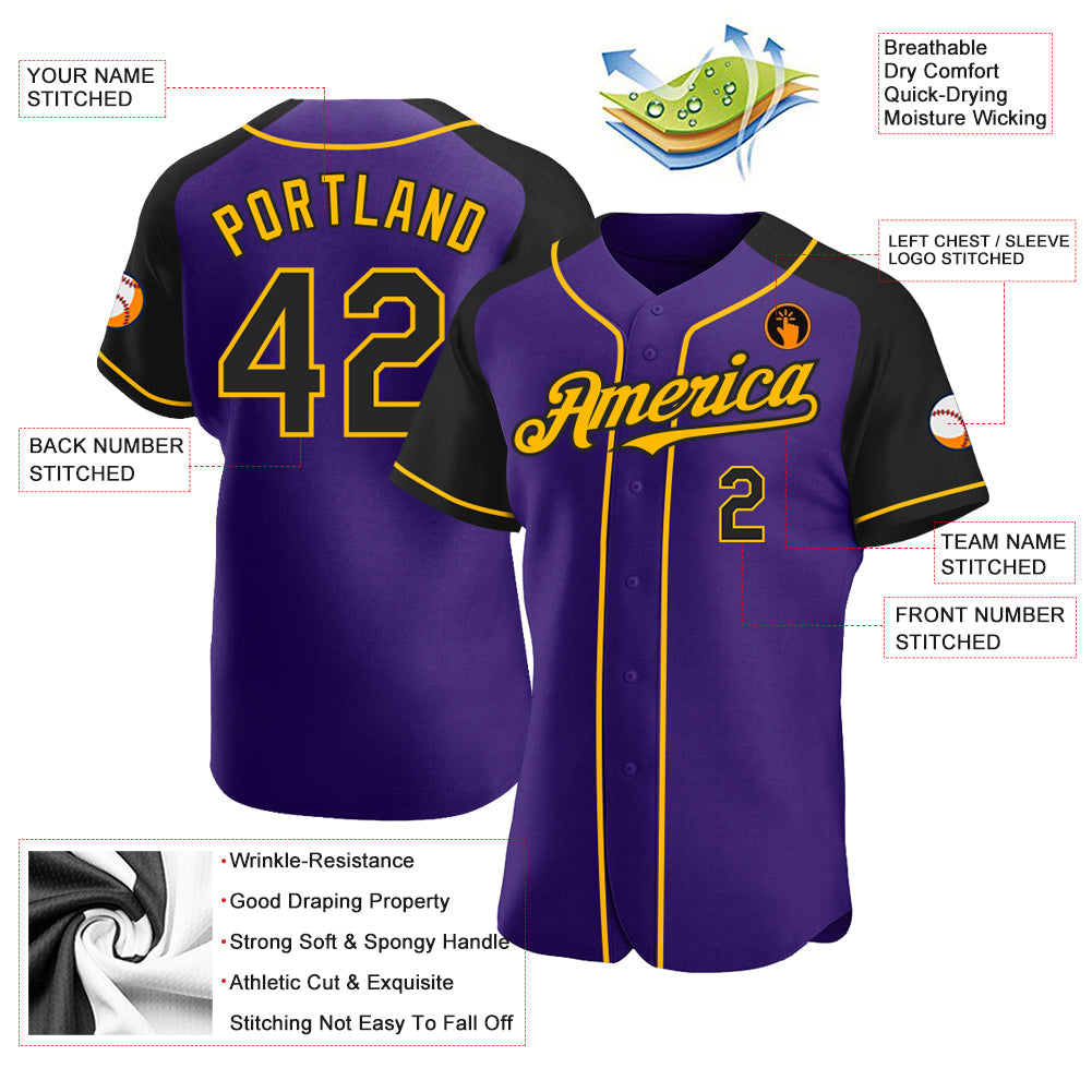 Custom Purple Black-Gold Authentic Raglan Sleeves Baseball Jersey - Sky-Custom