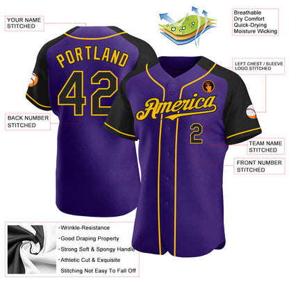 Custom Purple Black-Gold Authentic Raglan Sleeves Baseball Jersey - Sky-Custom