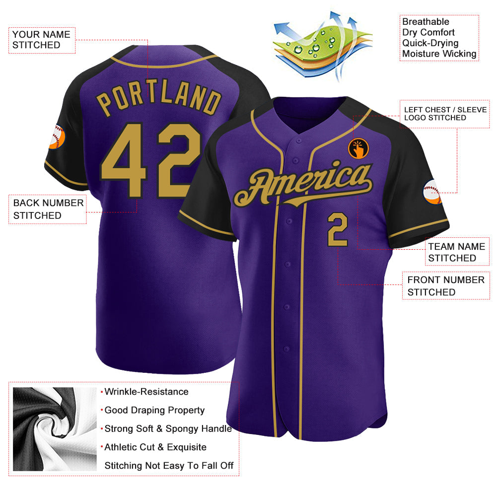 Custom Purple Old Gold-Black Authentic Raglan Sleeves Baseball Jersey - Sky-Custom