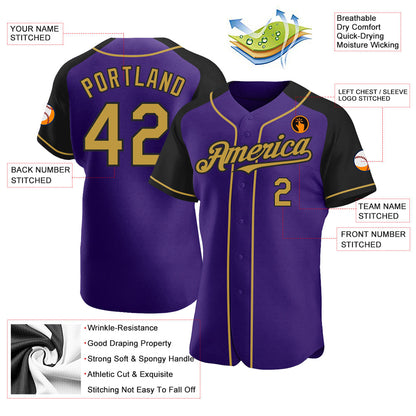 Custom Purple Old Gold-Black Authentic Raglan Sleeves Baseball Jersey - Sky-Custom