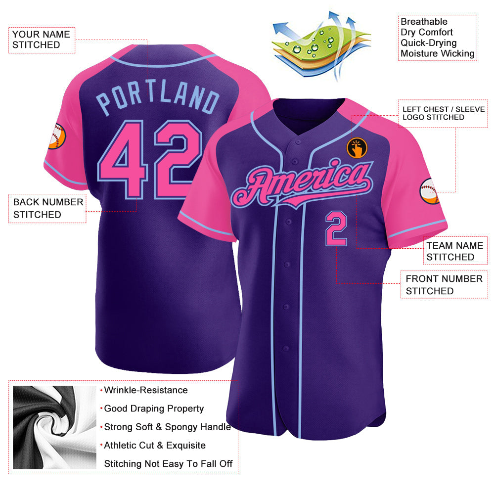 Custom Purple Pink-Light Blue Authentic Raglan Sleeves Baseball Jersey - Sky-Custom