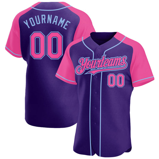 Custom Purple Pink-Light Blue Authentic Raglan Sleeves Baseball Jersey - Sky-Custom