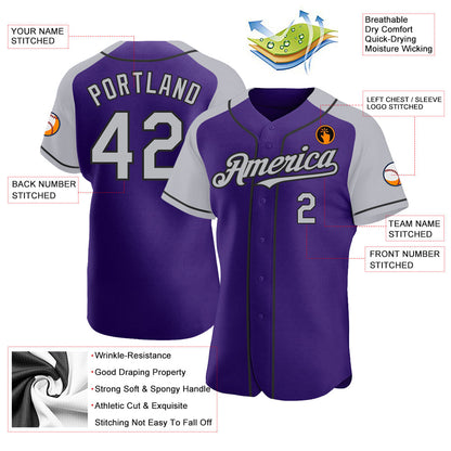 Custom Purple Gray-Black Authentic Raglan Sleeves Baseball Jersey - Sky-Custom