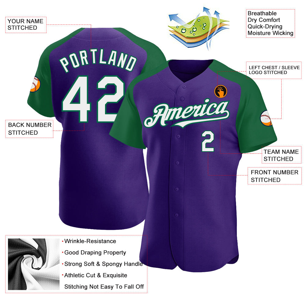 Custom Purple White-Kelly Green Authentic Raglan Sleeves Baseball Jersey - Sky-Custom