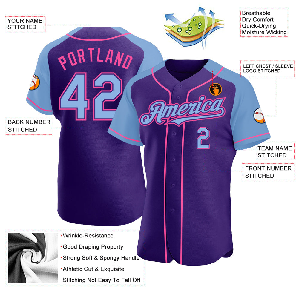 Custom Purple Light Blue-Pink Authentic Raglan Sleeves Baseball Jersey - Sky-Custom