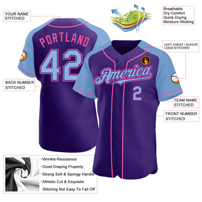 Custom Purple Light Blue-Pink Authentic Raglan Sleeves Baseball Jersey - Sky-Custom