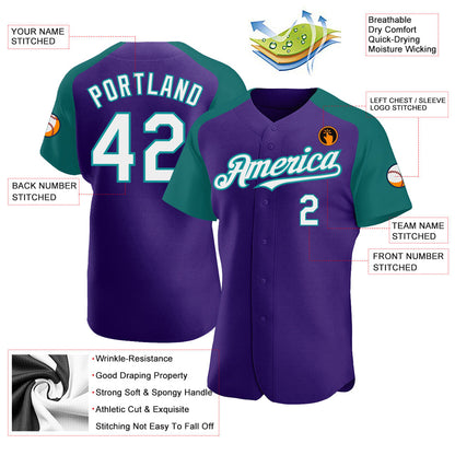 Custom Purple White-Teal Authentic Raglan Sleeves Baseball Jersey - Sky-Custom