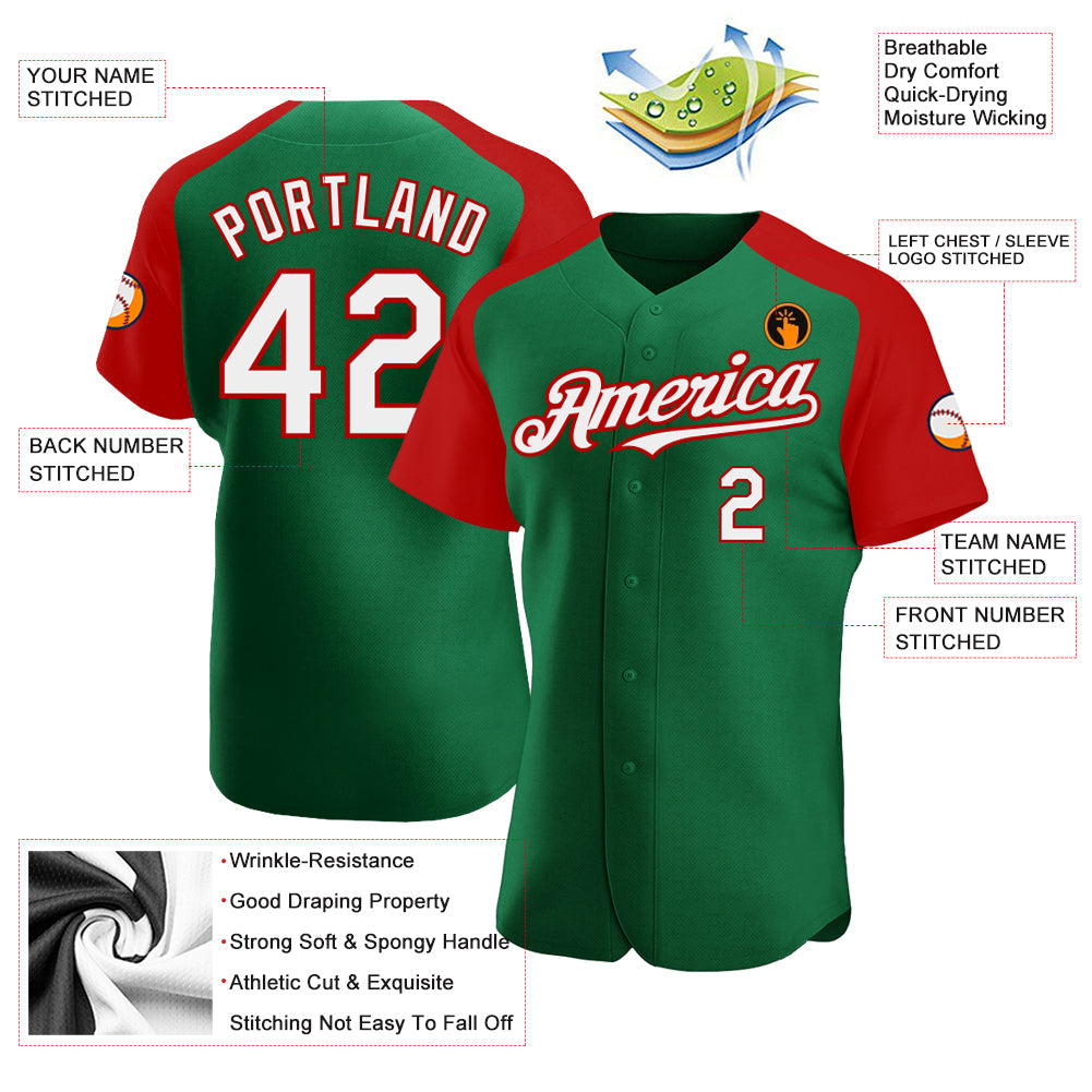 Custom Kelly Green White-Red Authentic Raglan Sleeves Baseball Jersey - Sky-Custom
