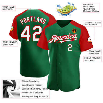 Custom Kelly Green White-Red Authentic Raglan Sleeves Baseball Jersey - Sky-Custom